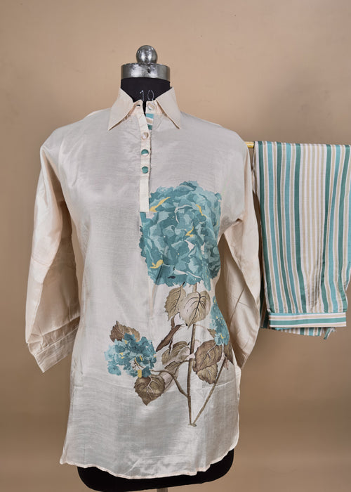 Beige Digital Print Stitched Cord Set In Muslin