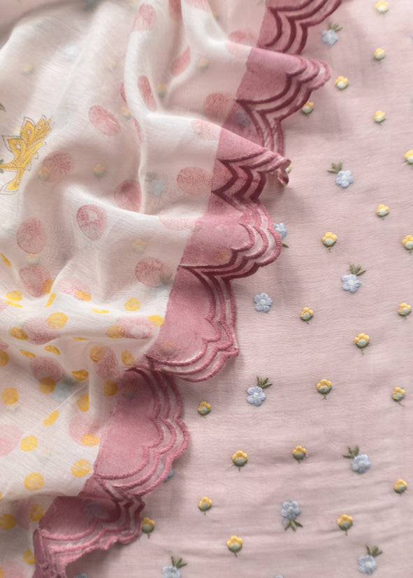 Baby Pink Embroidered Unstitched Mulmul Suit With Scalloped Border.