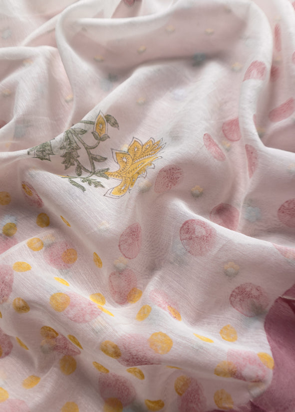 Baby Pink Embroidered Unstitched Mulmul Suit With Scalloped Border.