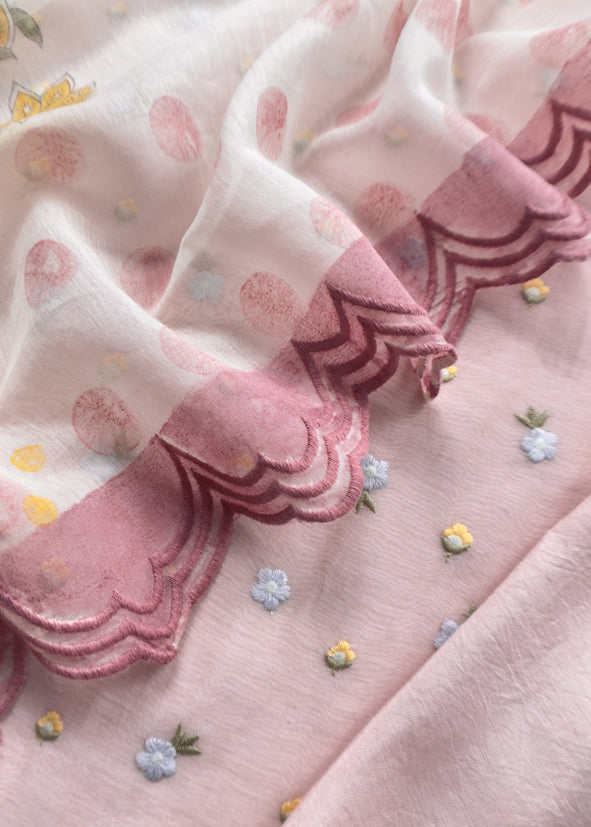 Baby Pink Embroidered Unstitched Mulmul Suit With Scalloped Border.