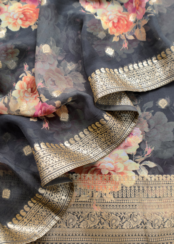 Black Floral Print Organza Unstitched Suit With Zari Weaving