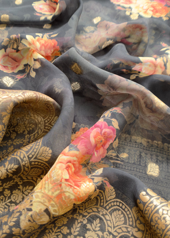 Black Floral Print Organza Unstitched Suit With Zari Weaving