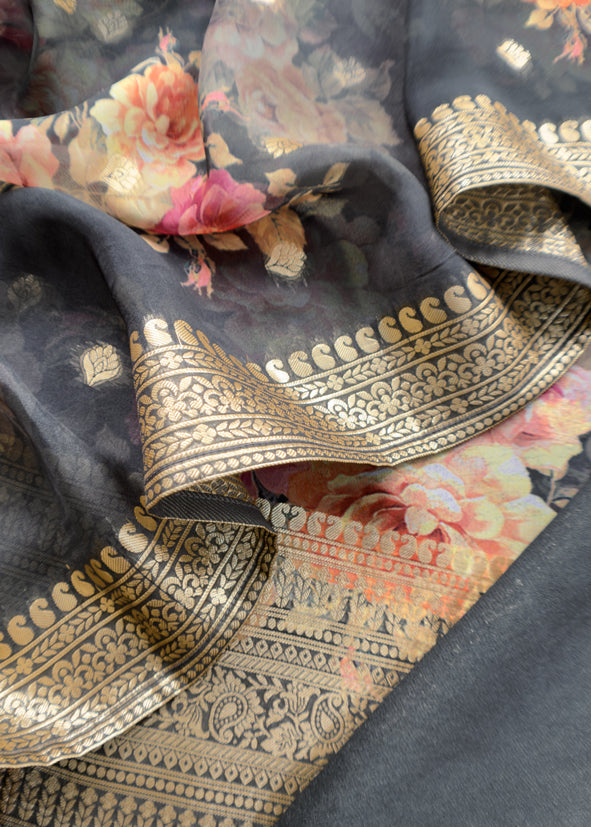 Black Floral Print Organza Unstitched Suit With Zari Weaving