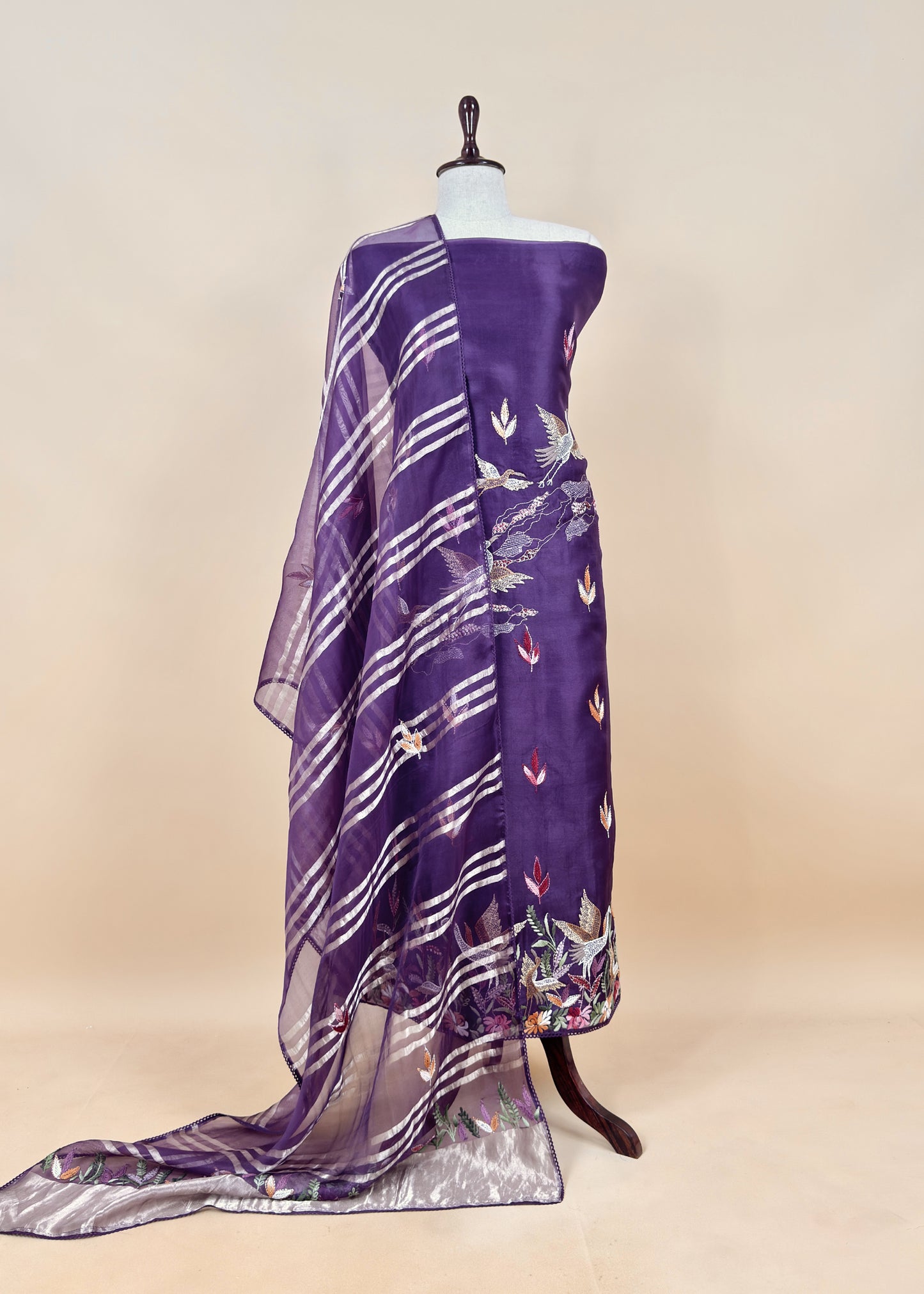 Yellow Handloom Organza Silk Suit Fabric With Flamingos Kantha Handwork