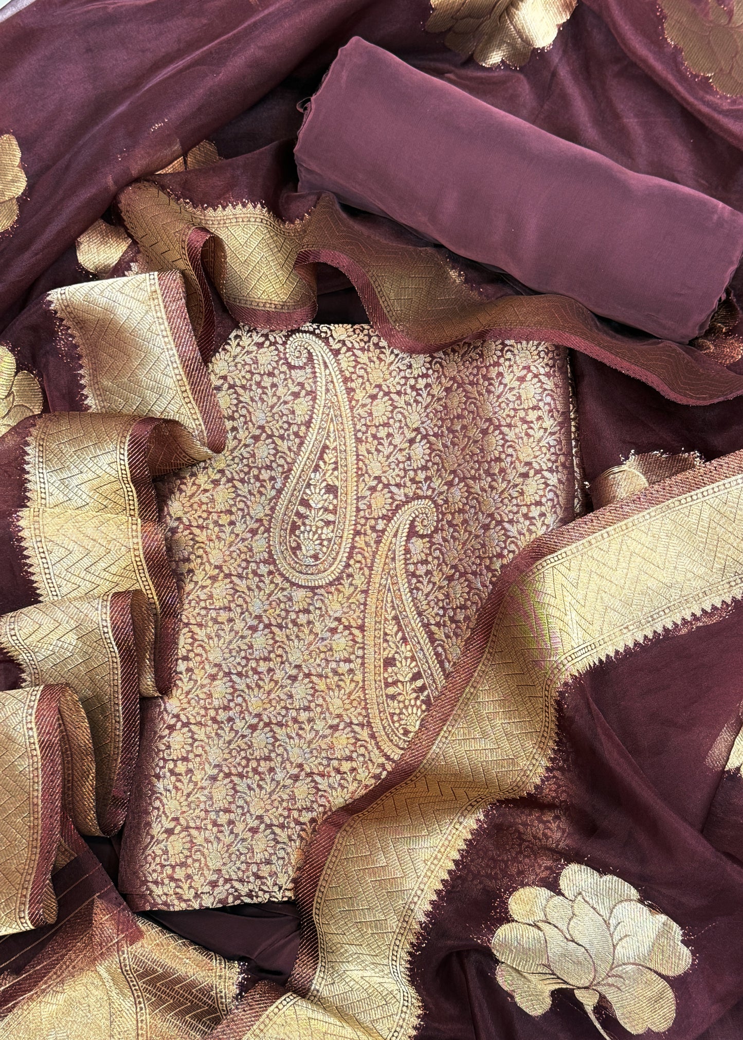 Brown Banarasi Silk Brocade Suit With Organza Dupatta