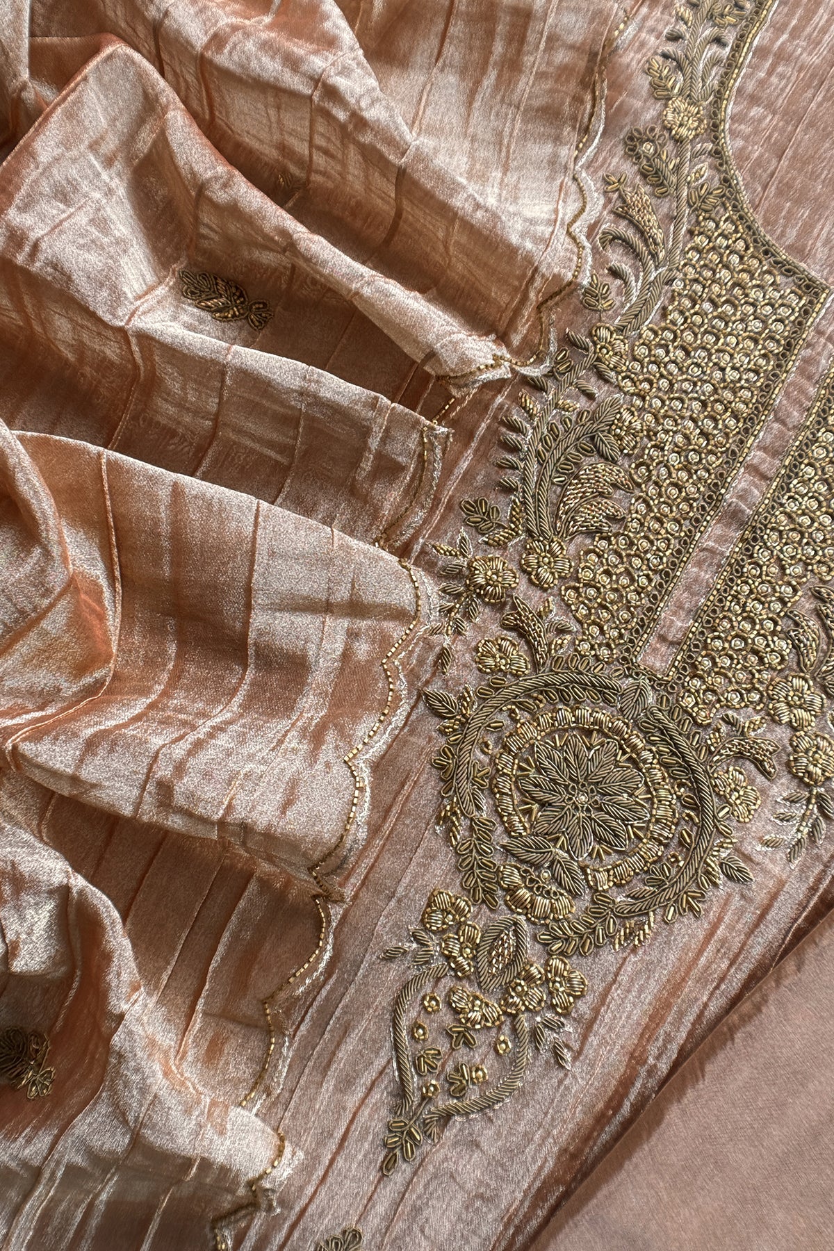Pastel Peach Crush Tissue Silk Suit With Dupatta And Gota Patti Handwork