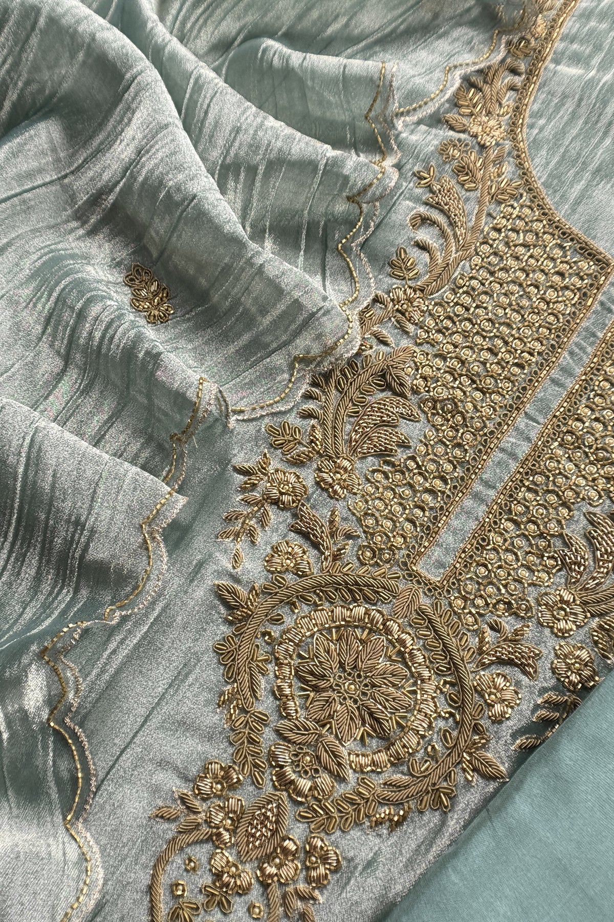 Pastel Blue Crush Tissue Silk Suit With Dupatta And Gota Patti Handwork