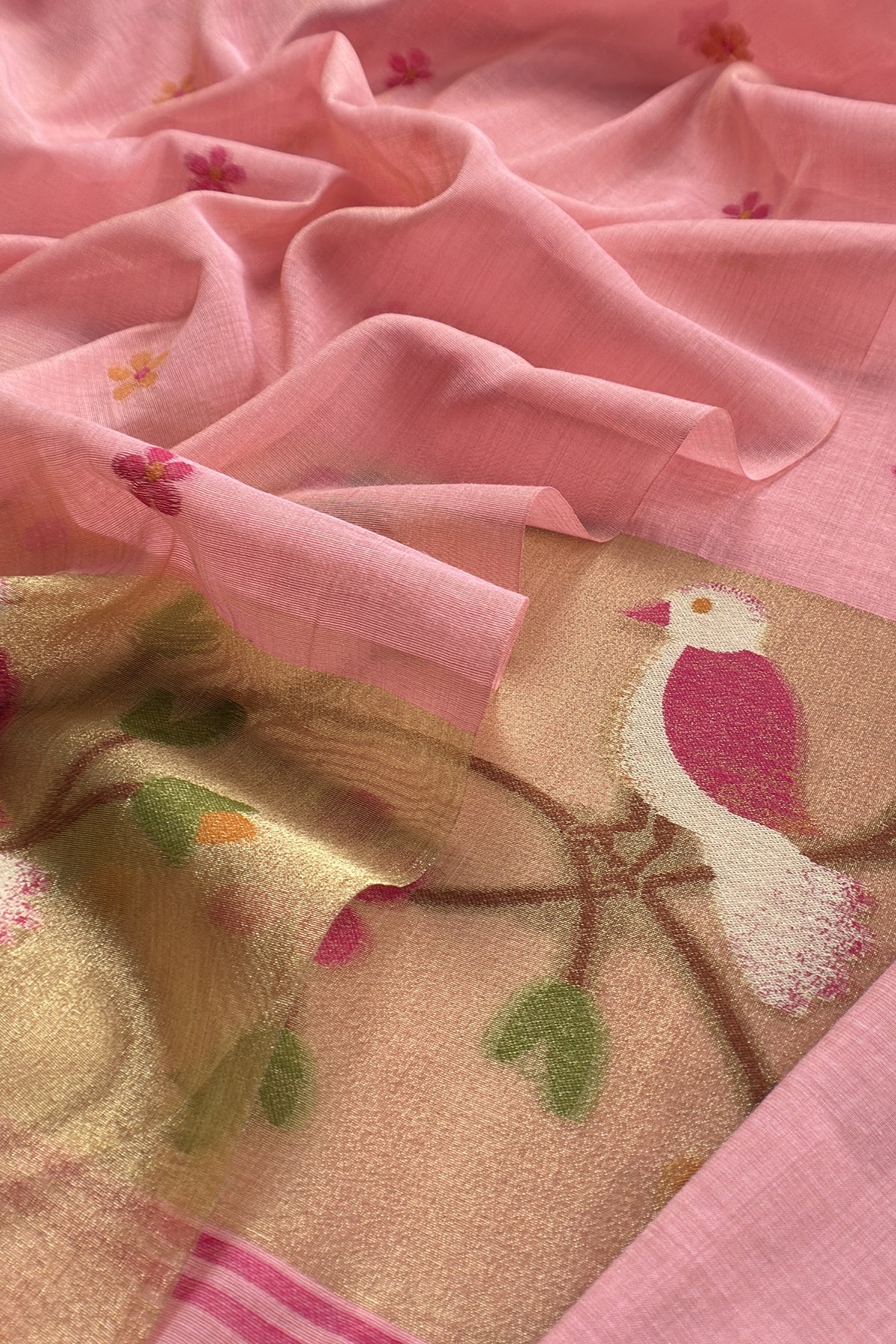 Pink Linen Chanderi Suit Fabric with Chidiya Tissue Panel And Jamdani Weaving