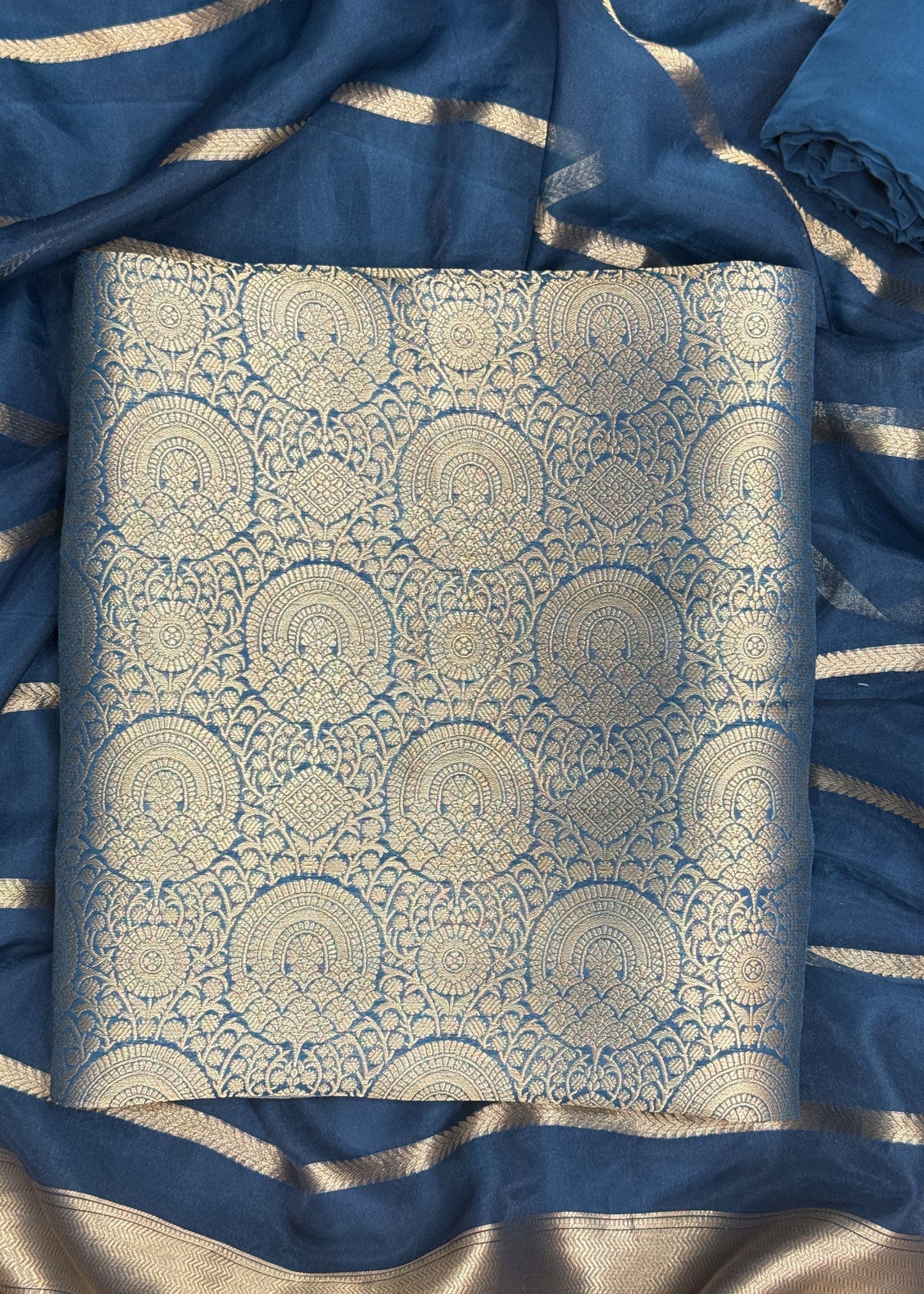 Blue Banarasi Silk Brocade Suit With Organza Dupatta