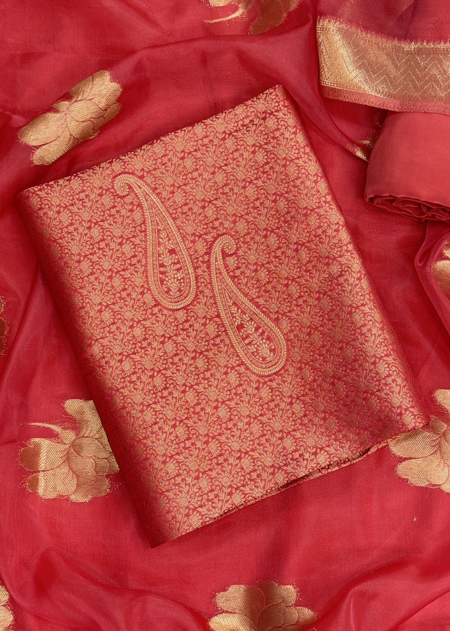 Rust Banarasi Silk Brocade Suit With Organza Dupatta