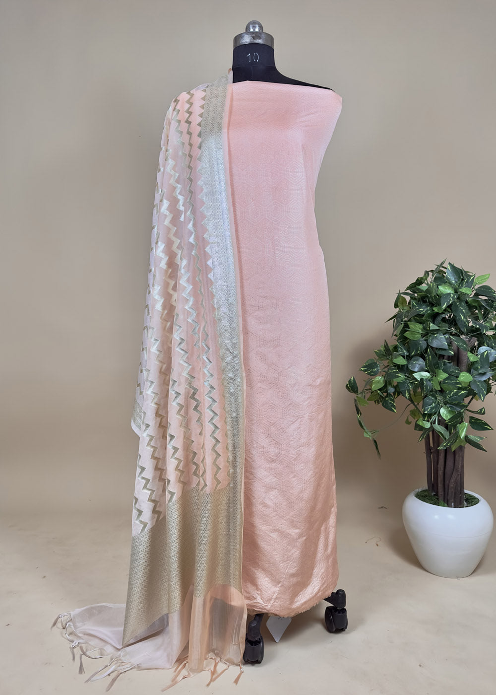 Peach Banarasi Suit With Organza Dupatta