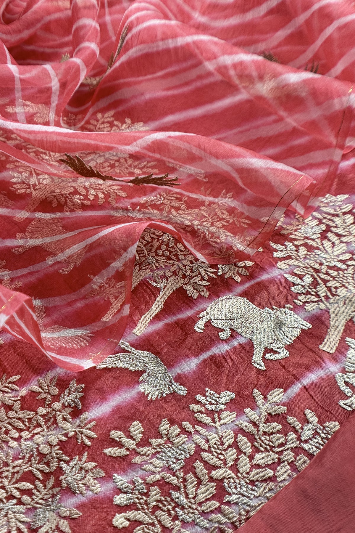 Punch Pink Handloom Lehariya Silk Suit With Shikagarh Embroidery