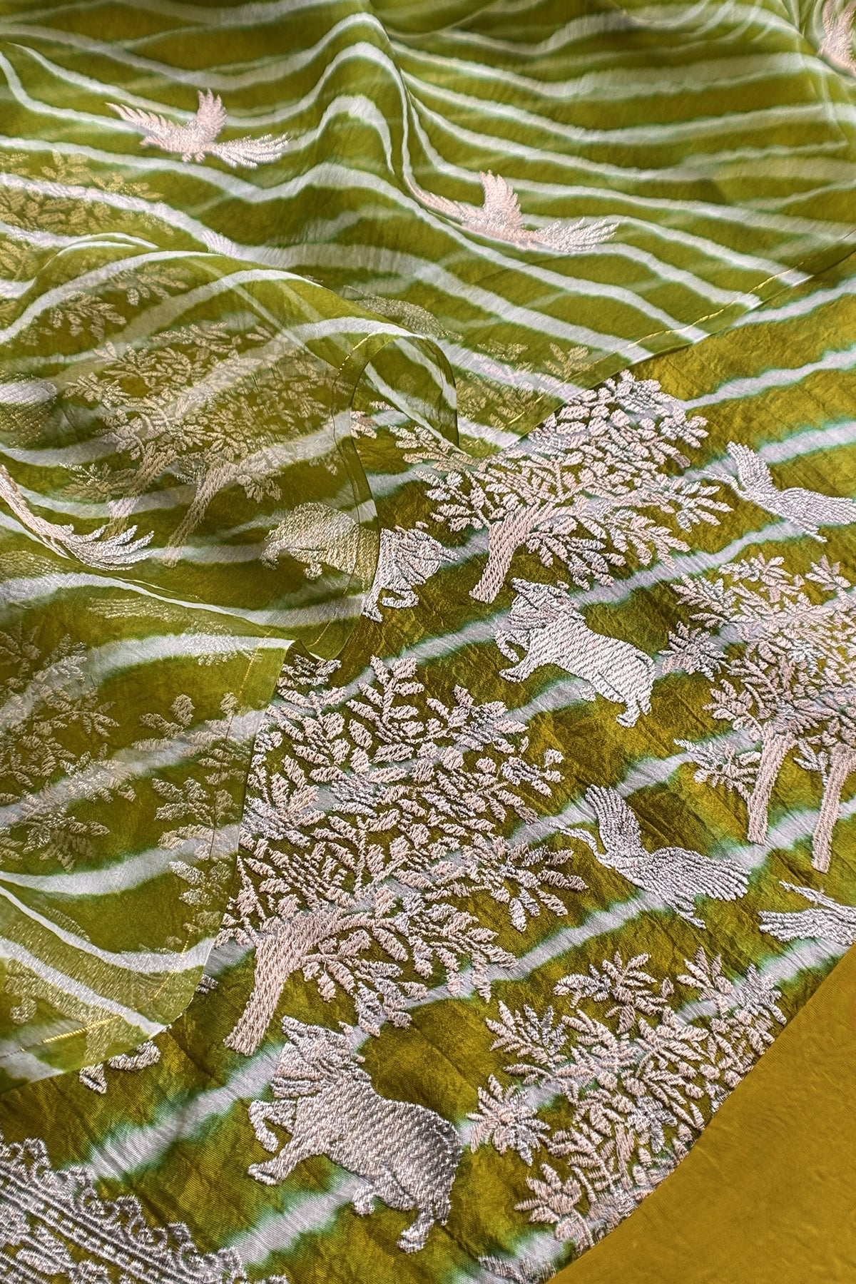 Olive Green Handloom Lehariya Silk Suit With Shikagarh Embroidery