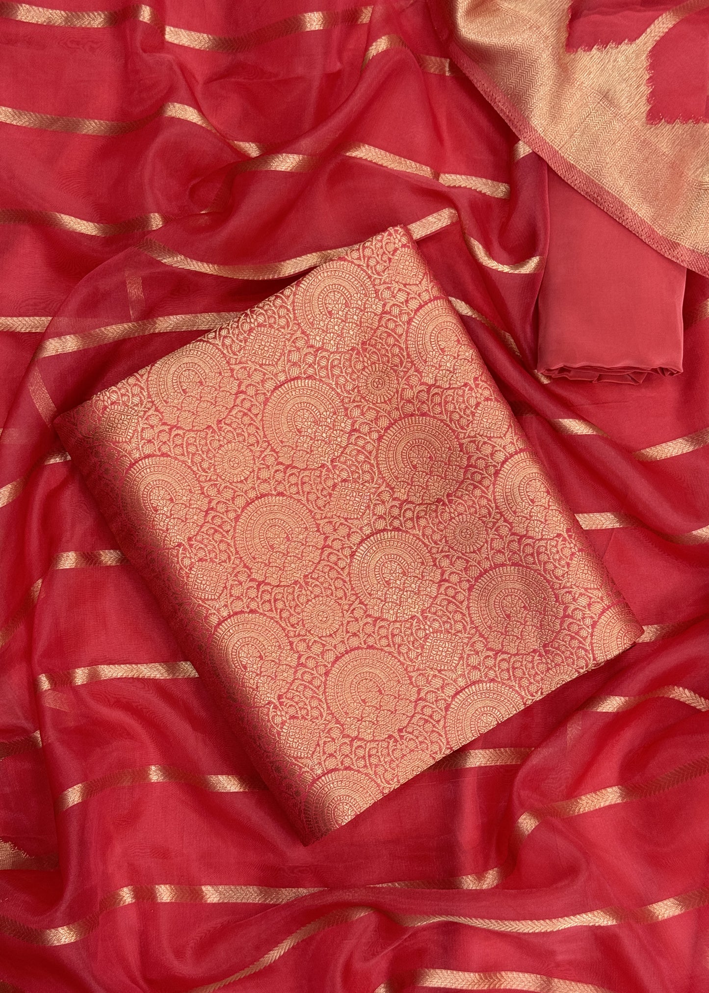 Rust Banarasi Silk Brocade Suit With Organza Dupatta