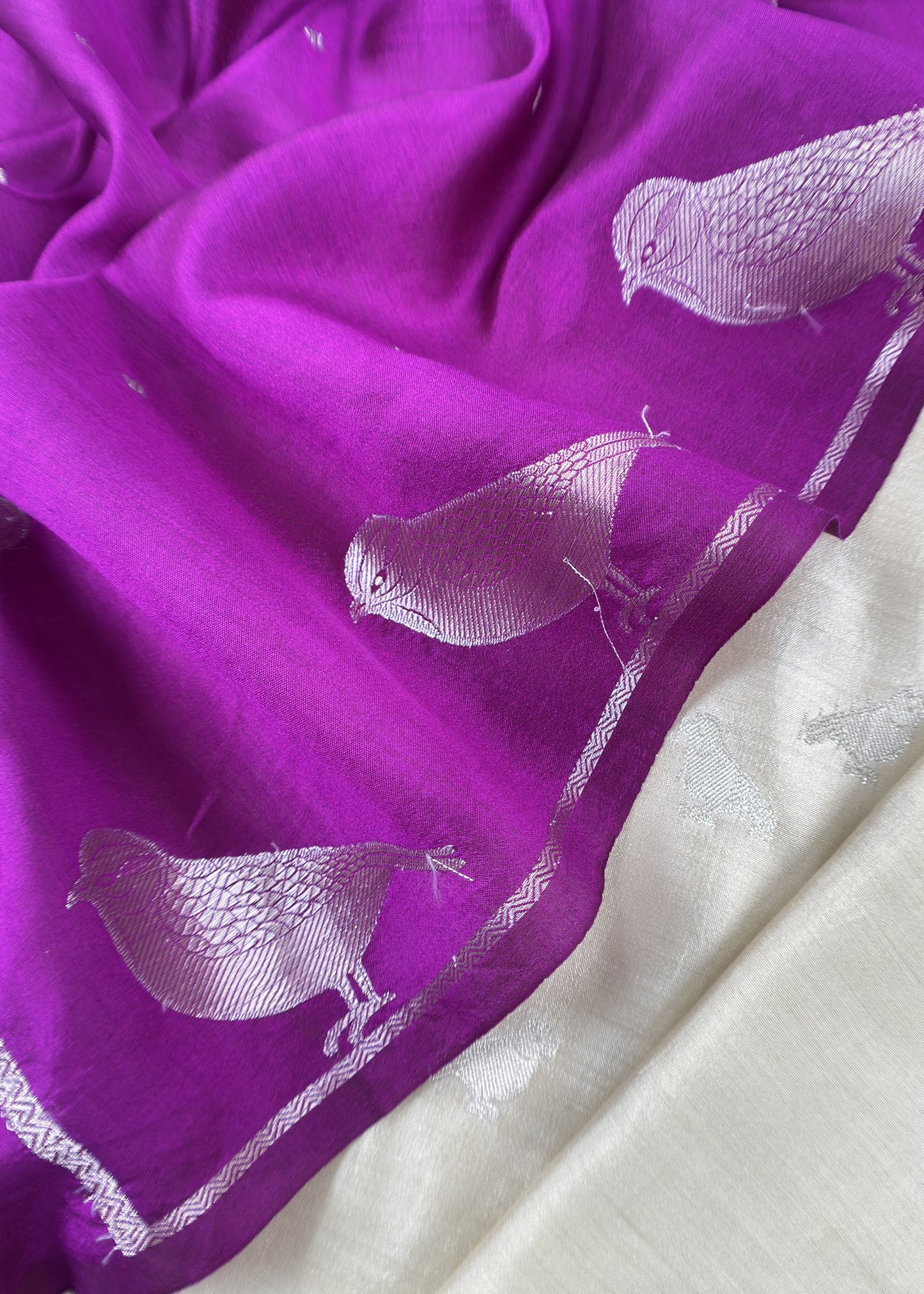 White And Violet Son Chiraiya Pure Silk Suit Fabric With Gold Weaving