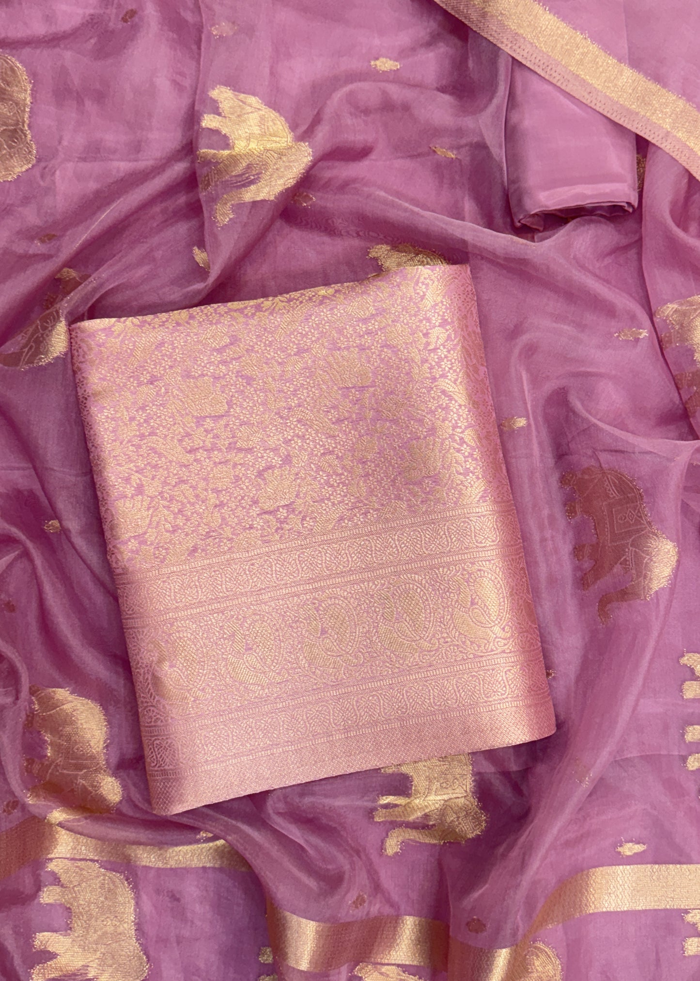 Baby Pink Banarasi Silk Brocade Suit With Organza Dupatta