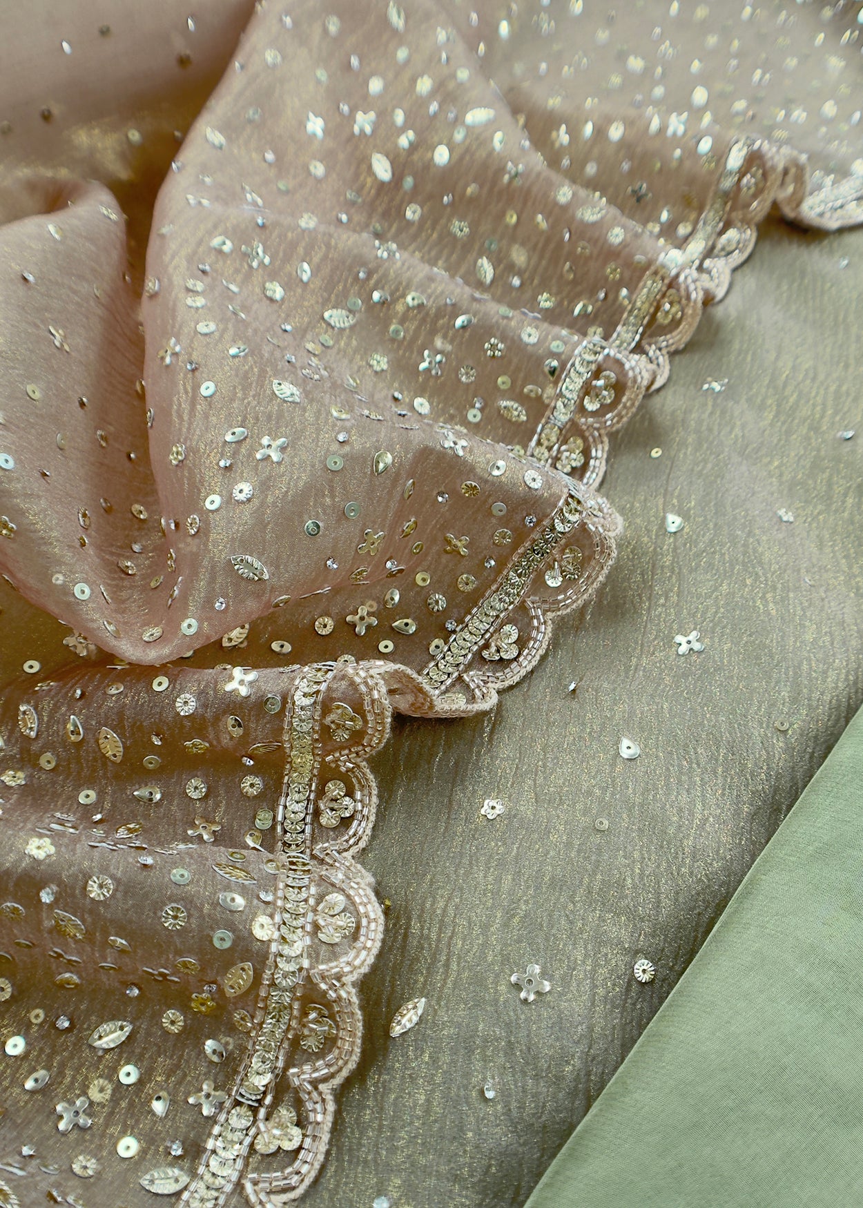 Green Pure Crushed Tissue Silk Suit Fabric With Mukaish And Hand Work