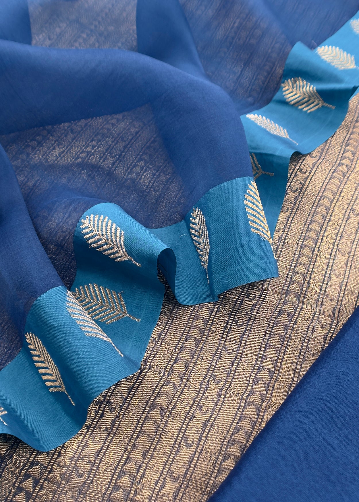 Golden With Blue Tissue Brocade With Kora Silk Dupatta