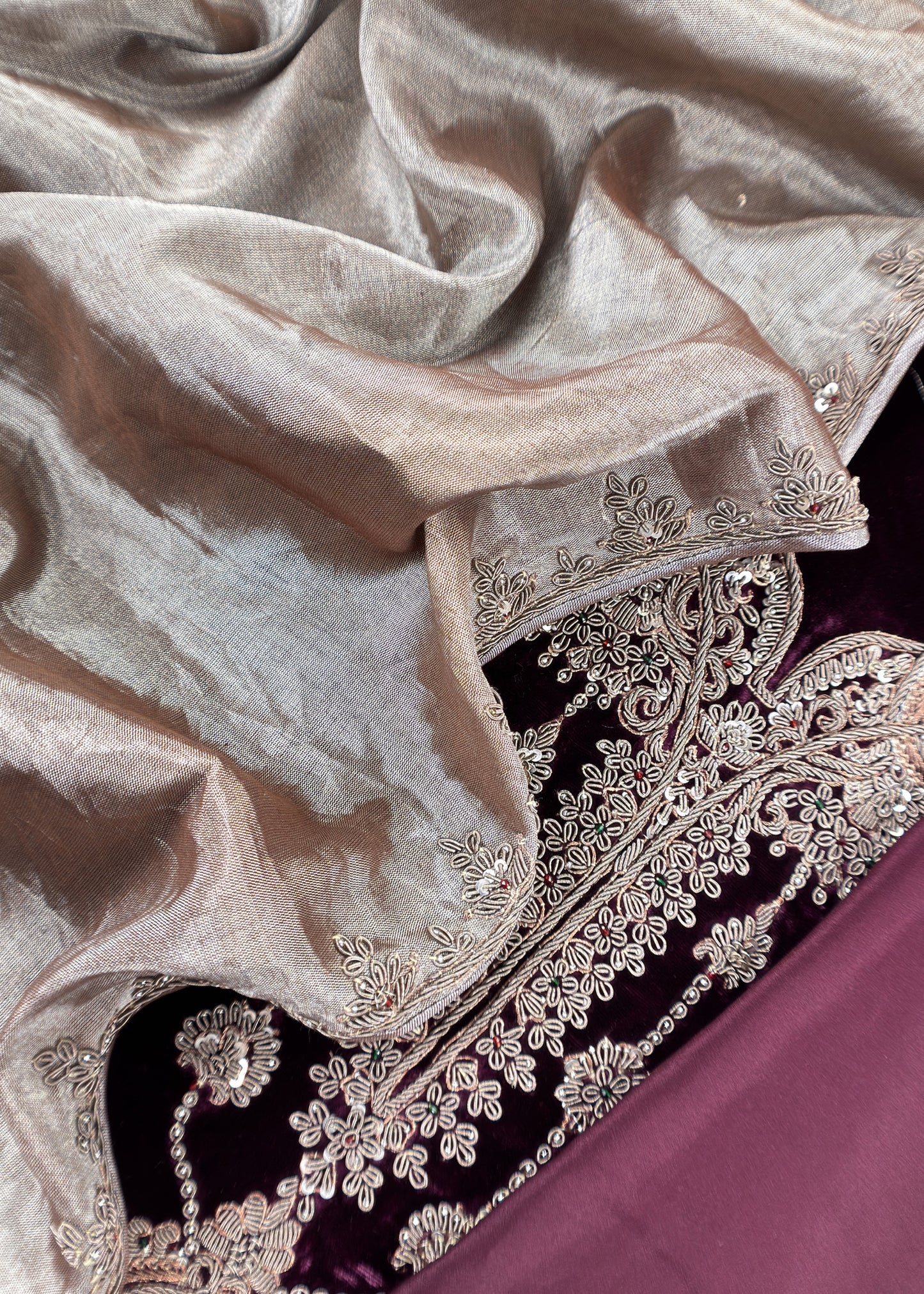 Darlings Luxe Royal Wine Pure Velvet Kurta And Tissue Dupatta With Appliqué And Dori, Zardosi Dabka handwork