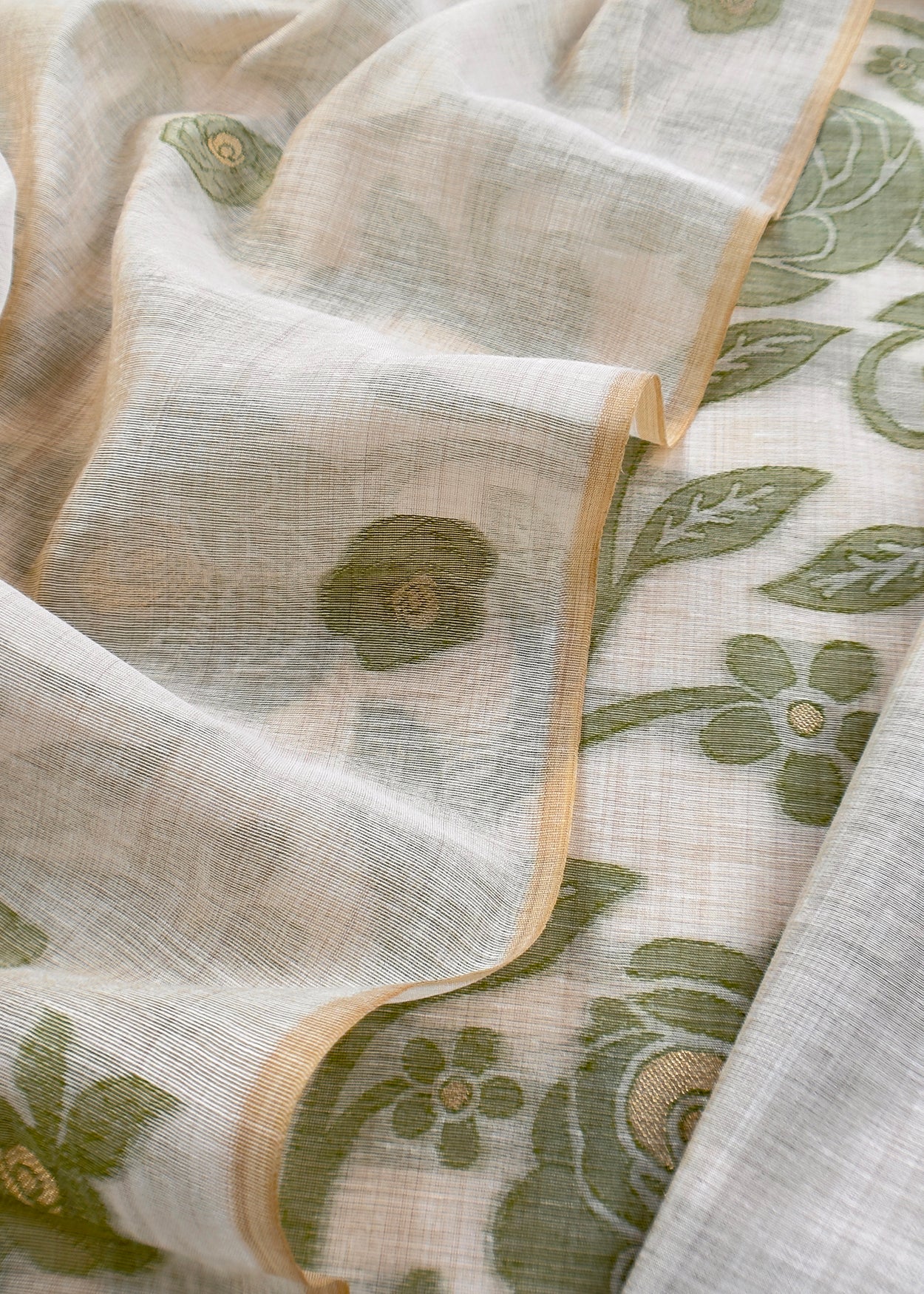 Beige And Green Linen Chanderi Suit With Jamdani Weaving