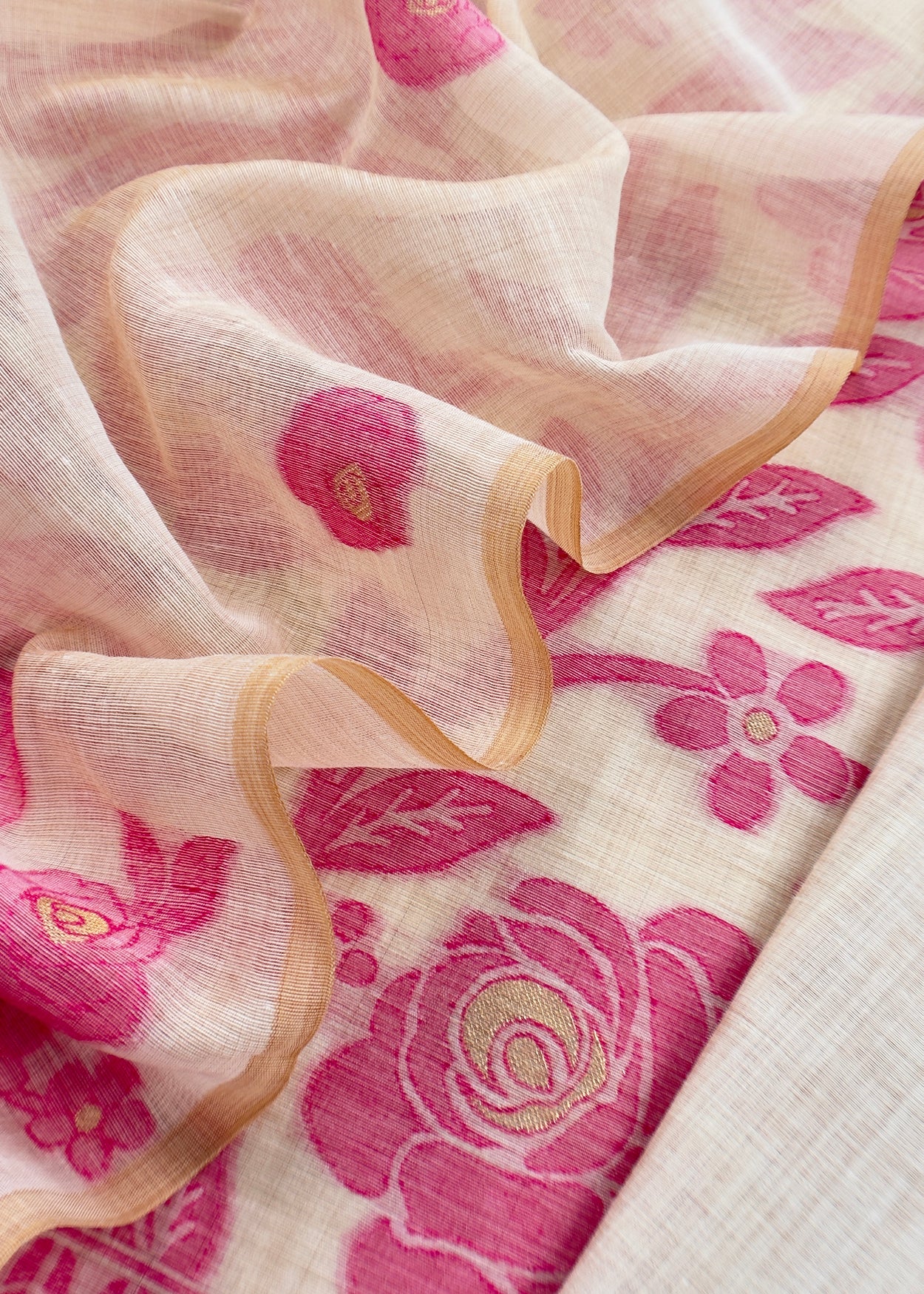 Beige And Pink Linen Chanderi Suit With Jamdani Weaving