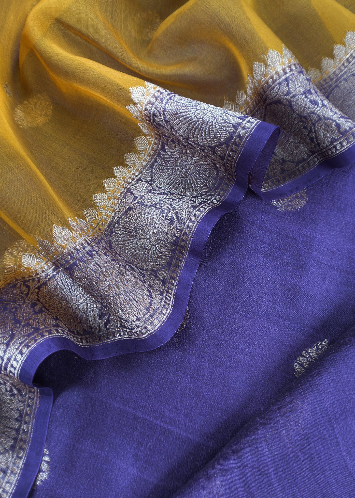 Purple and Yellow Handloom Raw Silk Suit With Kora Silk Dupatta