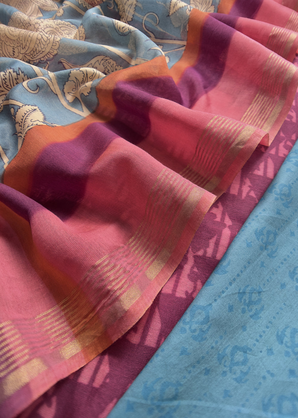Wine Hand Blocked Maheshwari Silk Suit With And Kalamkari Dupatta
