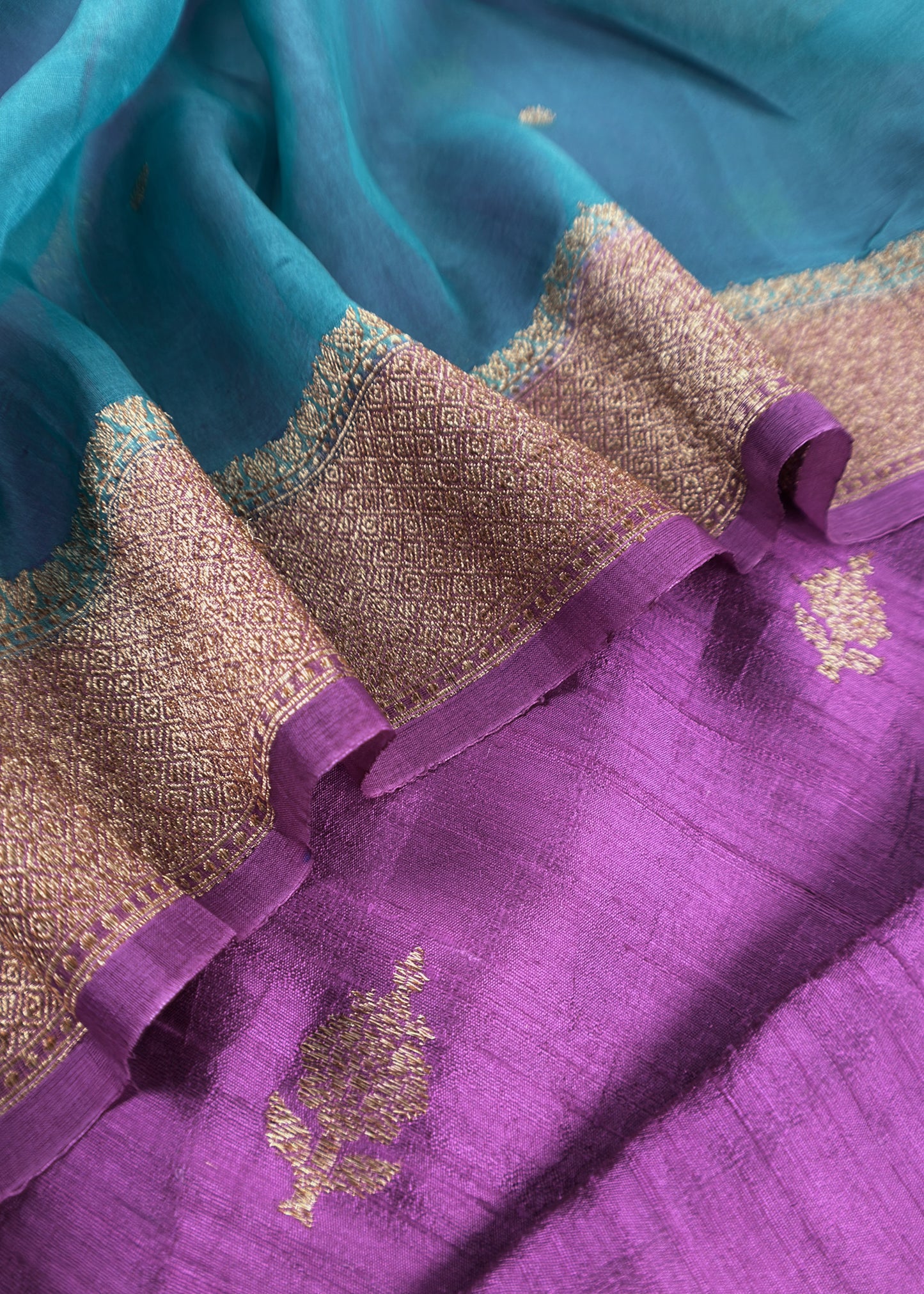 Purple And Blue Handloom Raw Silk Kurta And Kora Silk Dupatta With Gold Kadwa Weaving