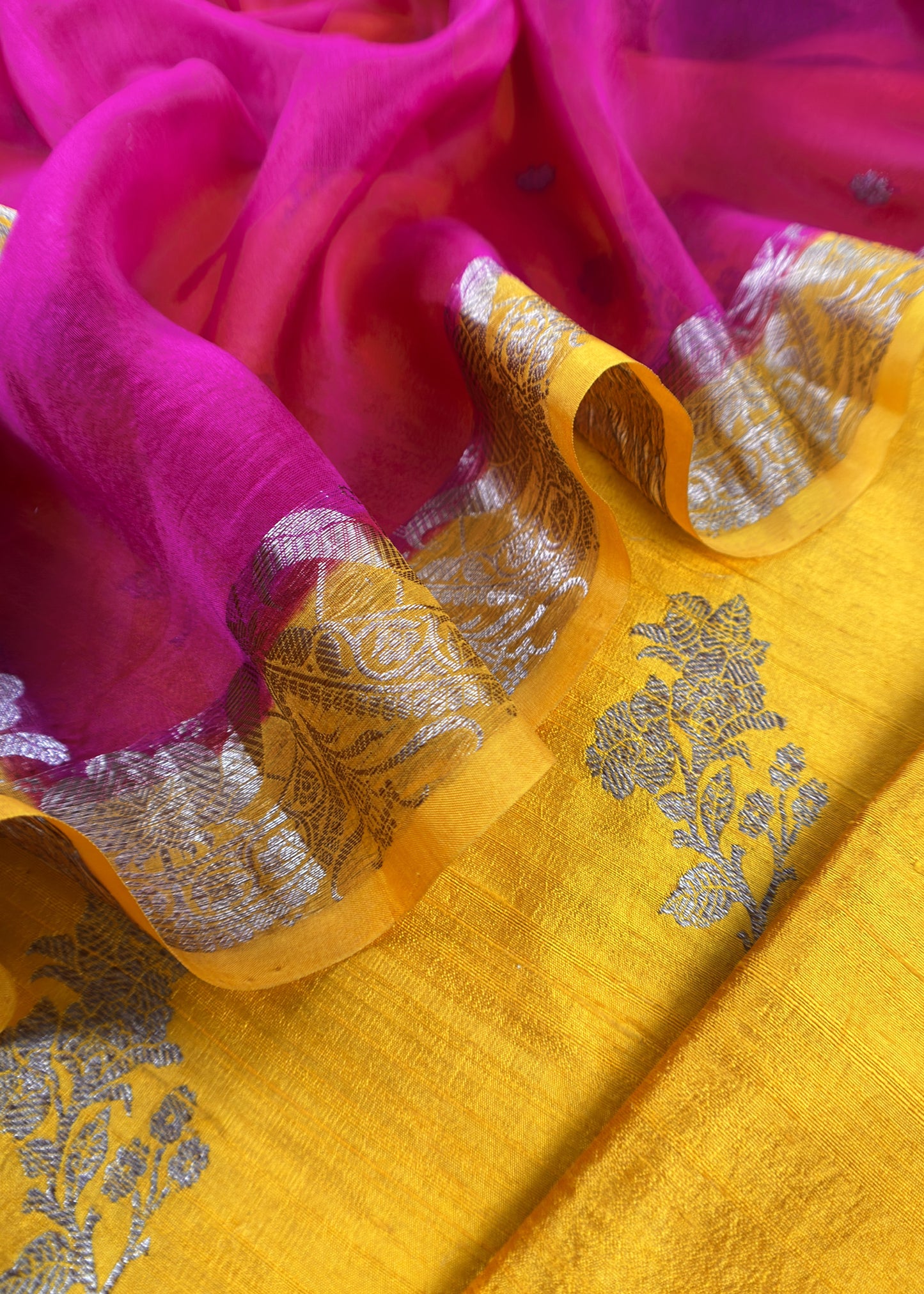 Yellow and Pink Handloom Raw Silk Suit With Kora Silk Dupatta