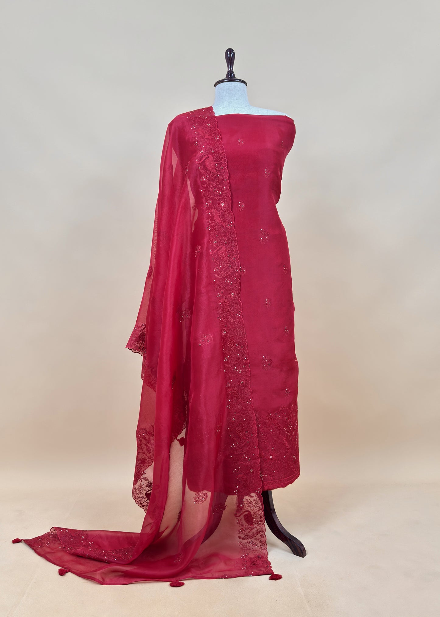 Rose Red Organza Silk Suit Fabric with Parsi Flamingo Embroidery