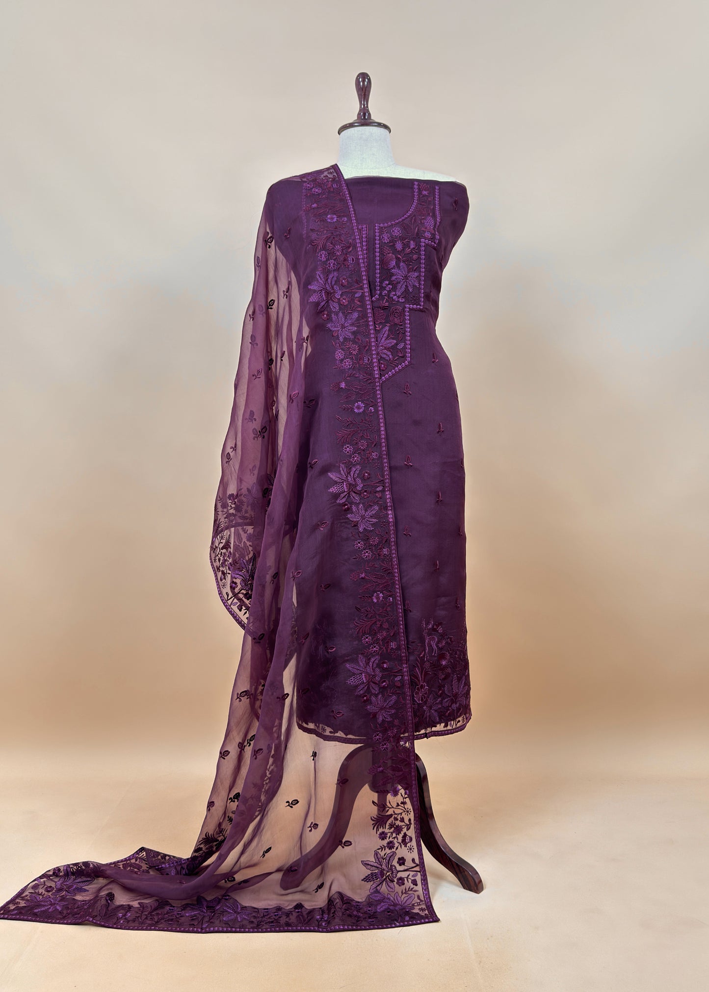 Red Handloom Organza Silk Suit in Parsi Embroidered