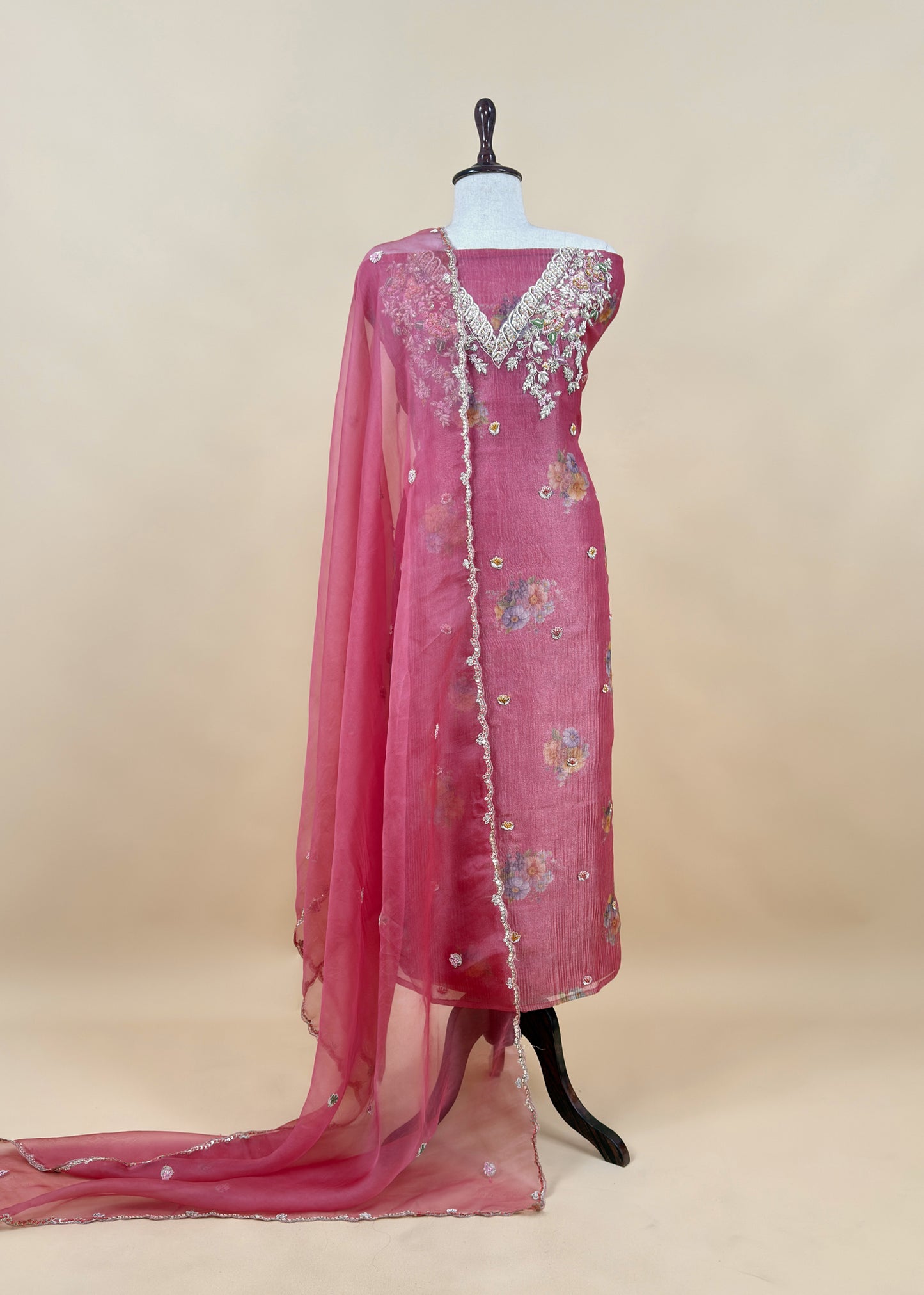 Orange Wedding Bells Pure Tissue Silk Unstitched Suit Fabric With Dabka And Zardosi Handwork