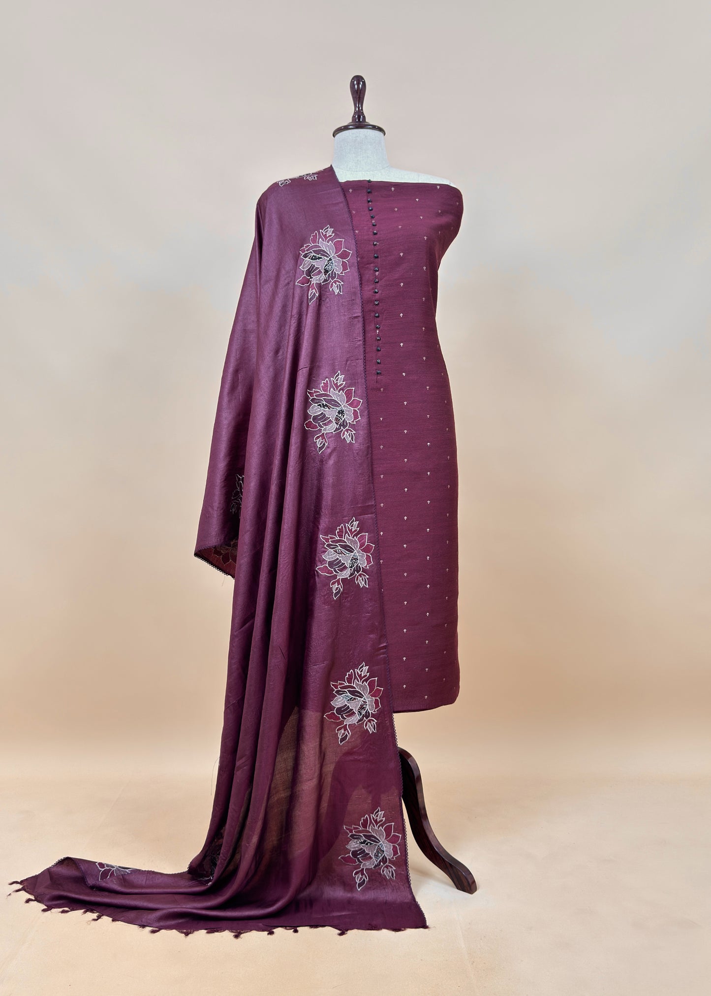Purple Handloom Desi Tussar Suit Fabric With Applique Work And Embroidery