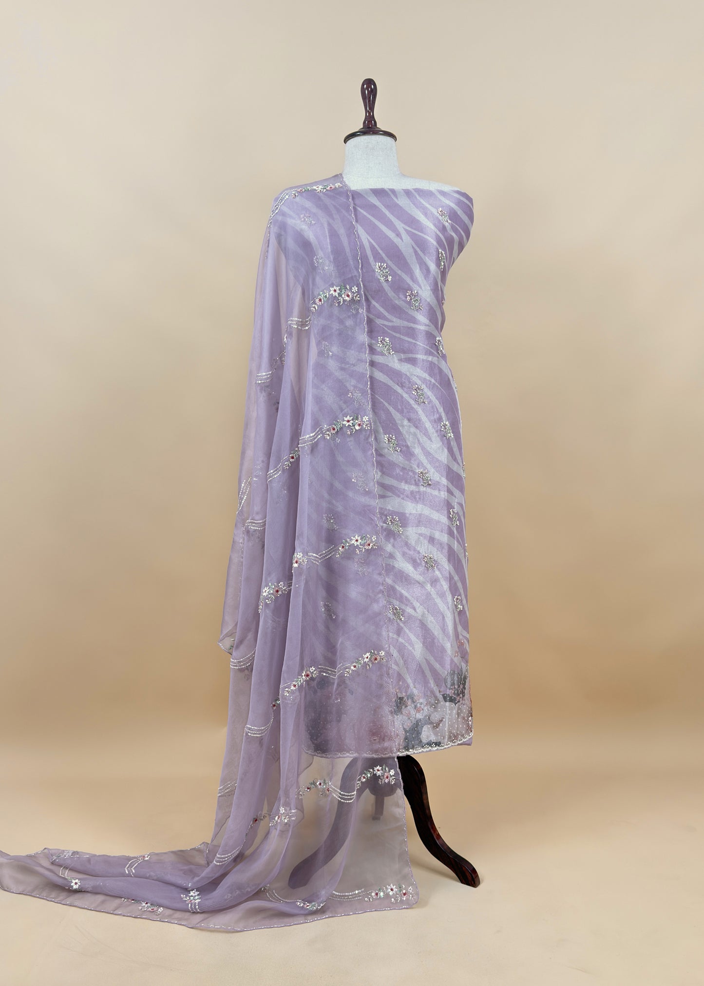 Pink Brush Print Tissue Silk Kurta And Kora Silk Dupatta With Handwork