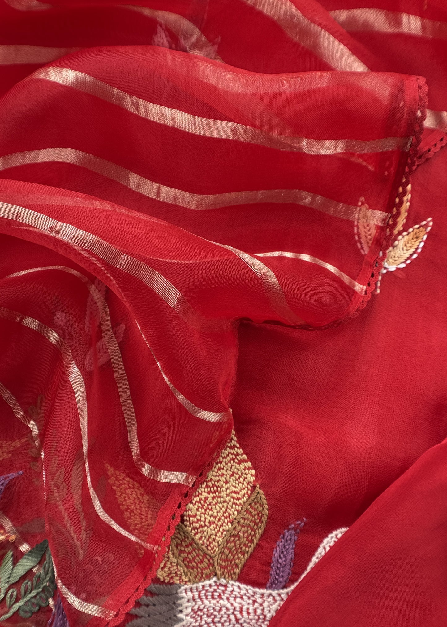 Red Handloom Organza Silk Suit Fabric With Flamingos Kantha Handwork