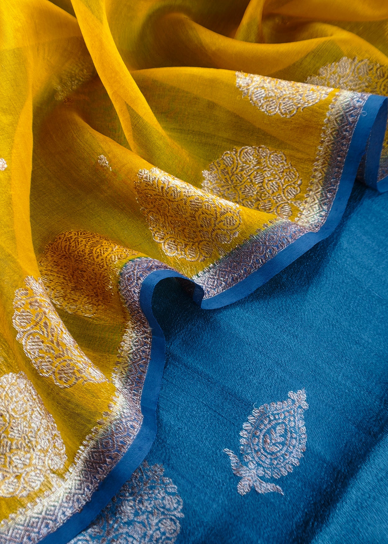Blue and yellow Handloom Raw Silk Suit With Kora Silk Dupatta