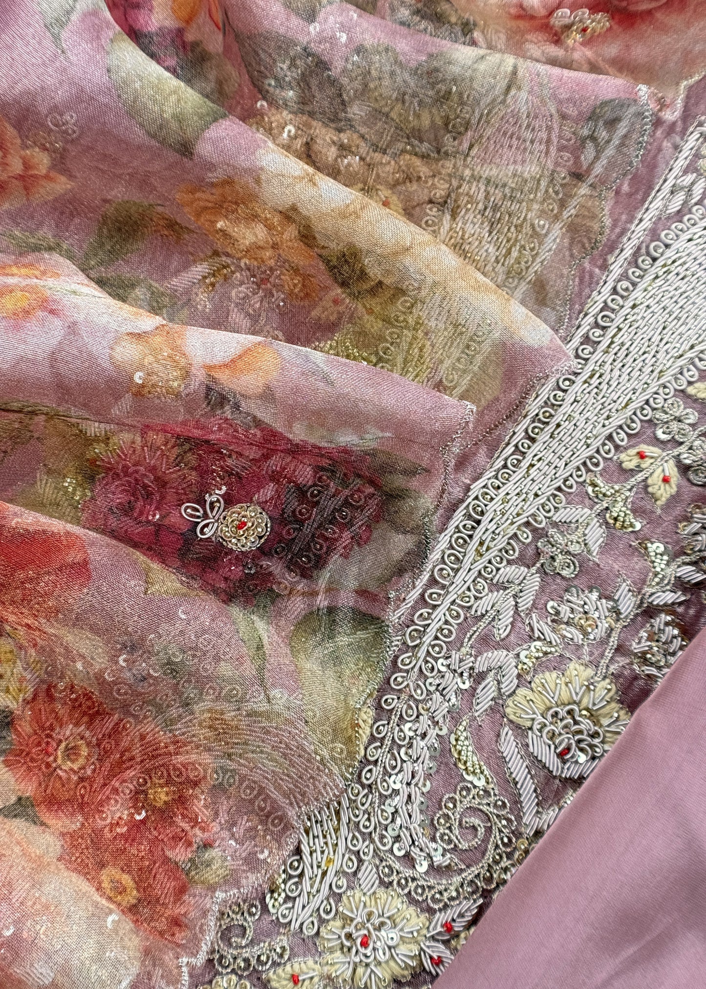 Pink Pure Crushed Tissue Kurta And Brush-Print Dupatta With Handwork