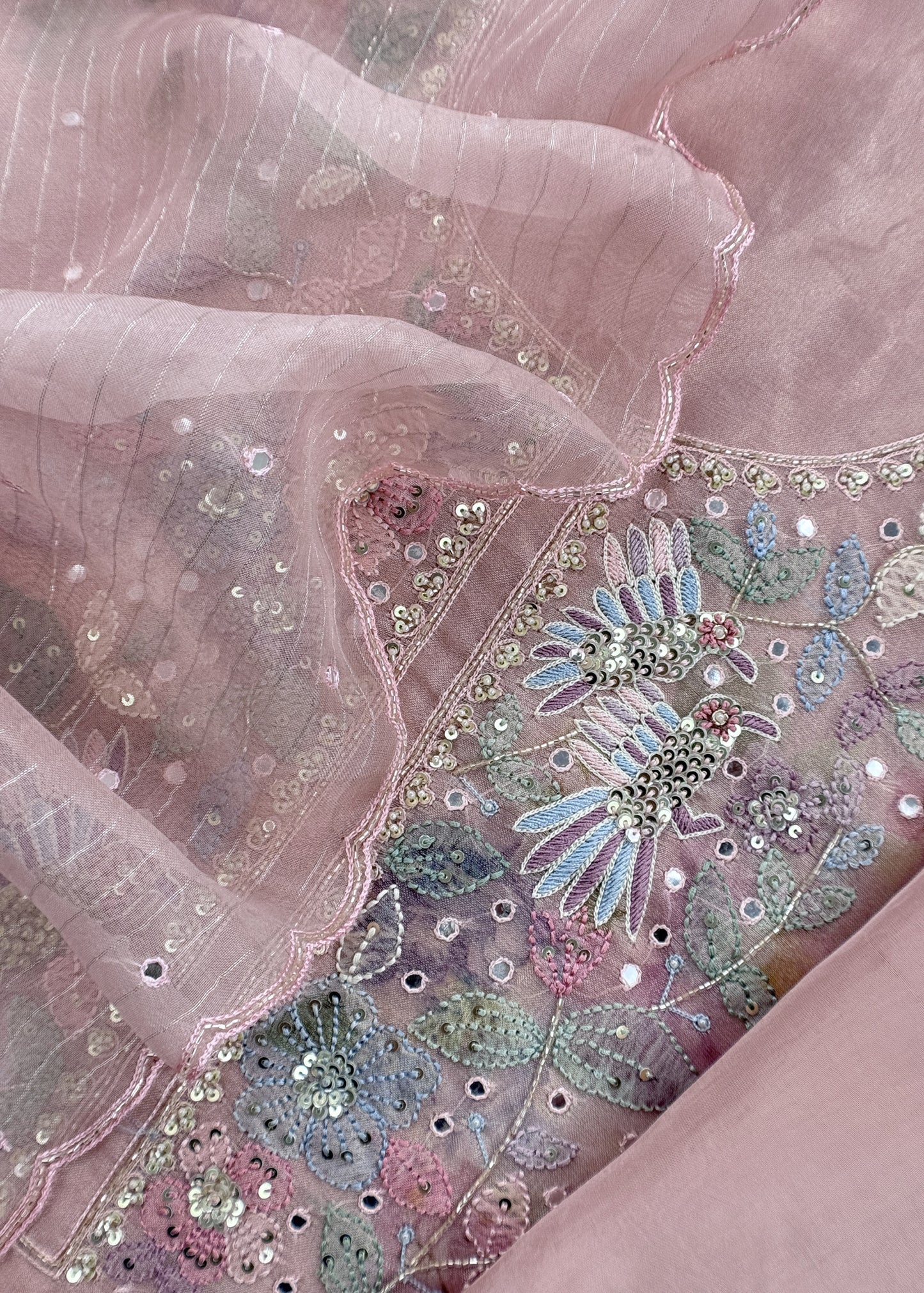 Baby Pink Tissue Silk Kurta And Kora Silk Dupatta With Handwork
