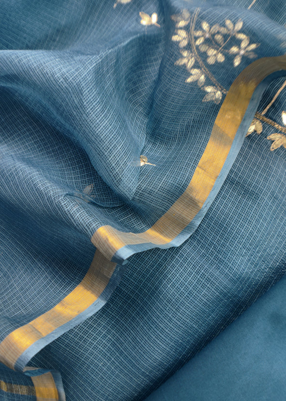Peacock Blue Pure Kota Doria Silk Dupatta Suit With Gotta Patti Work