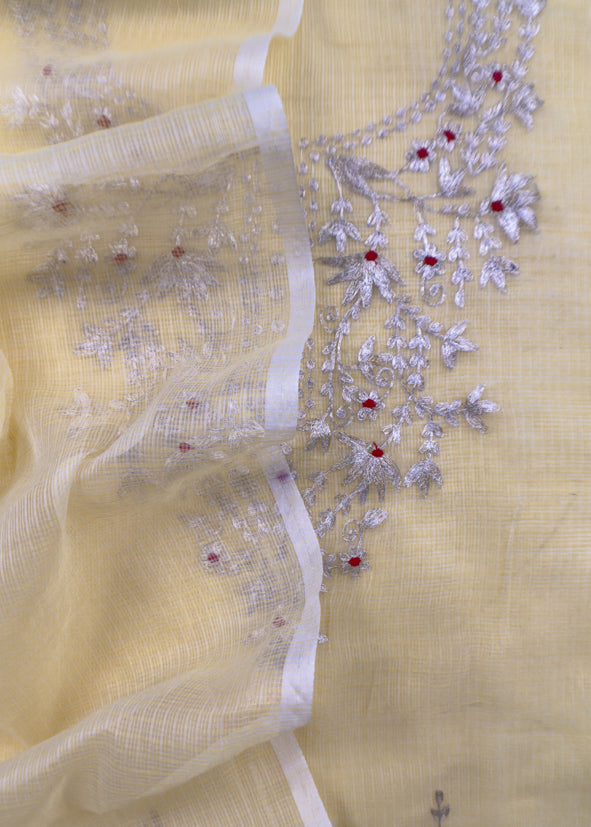 Butter Yellow Kota Doria Dupatta Suit with Pitta Work