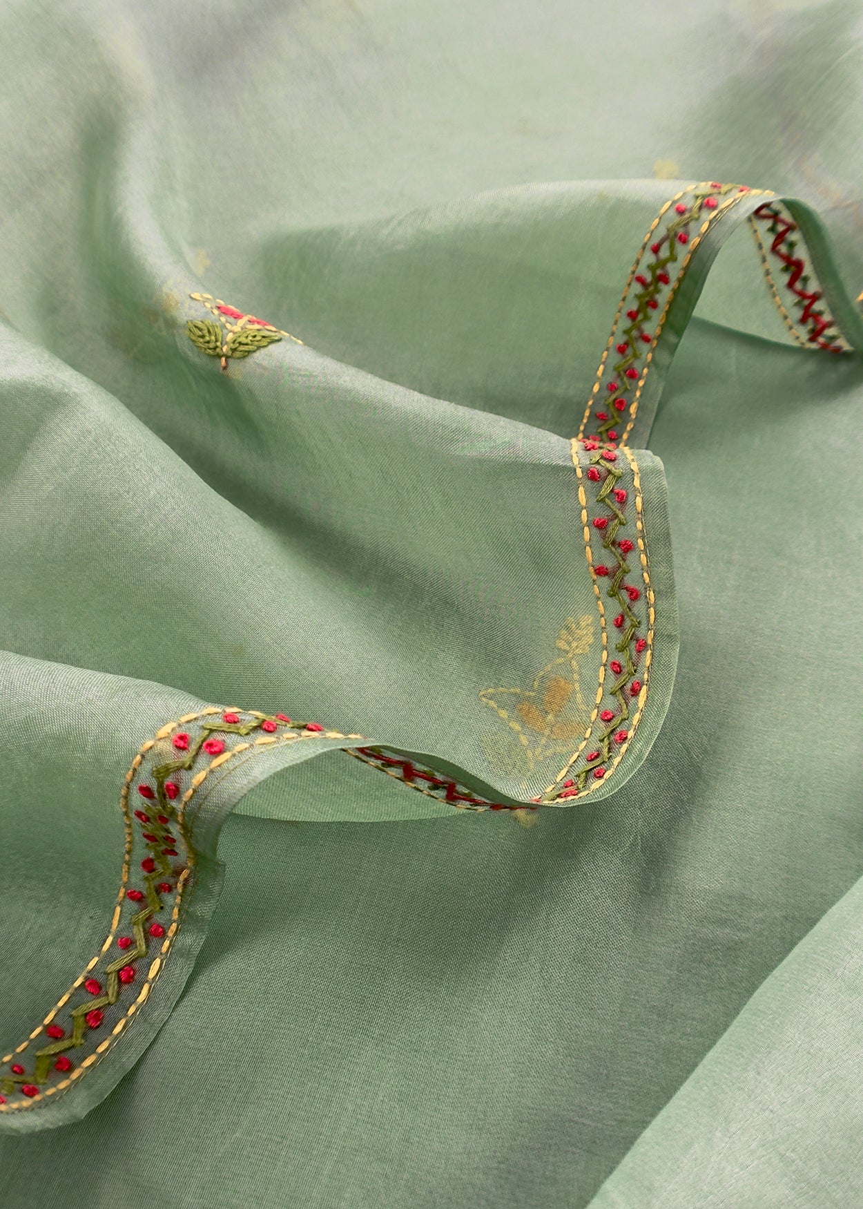 Soft Seagreen Handloom Kora Silk Suit With Mirrors And Kantha Handwork