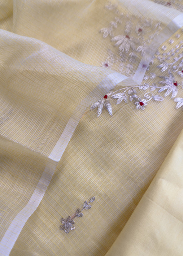 Butter Yellow Kota Doria Dupatta Suit with Pitta Work
