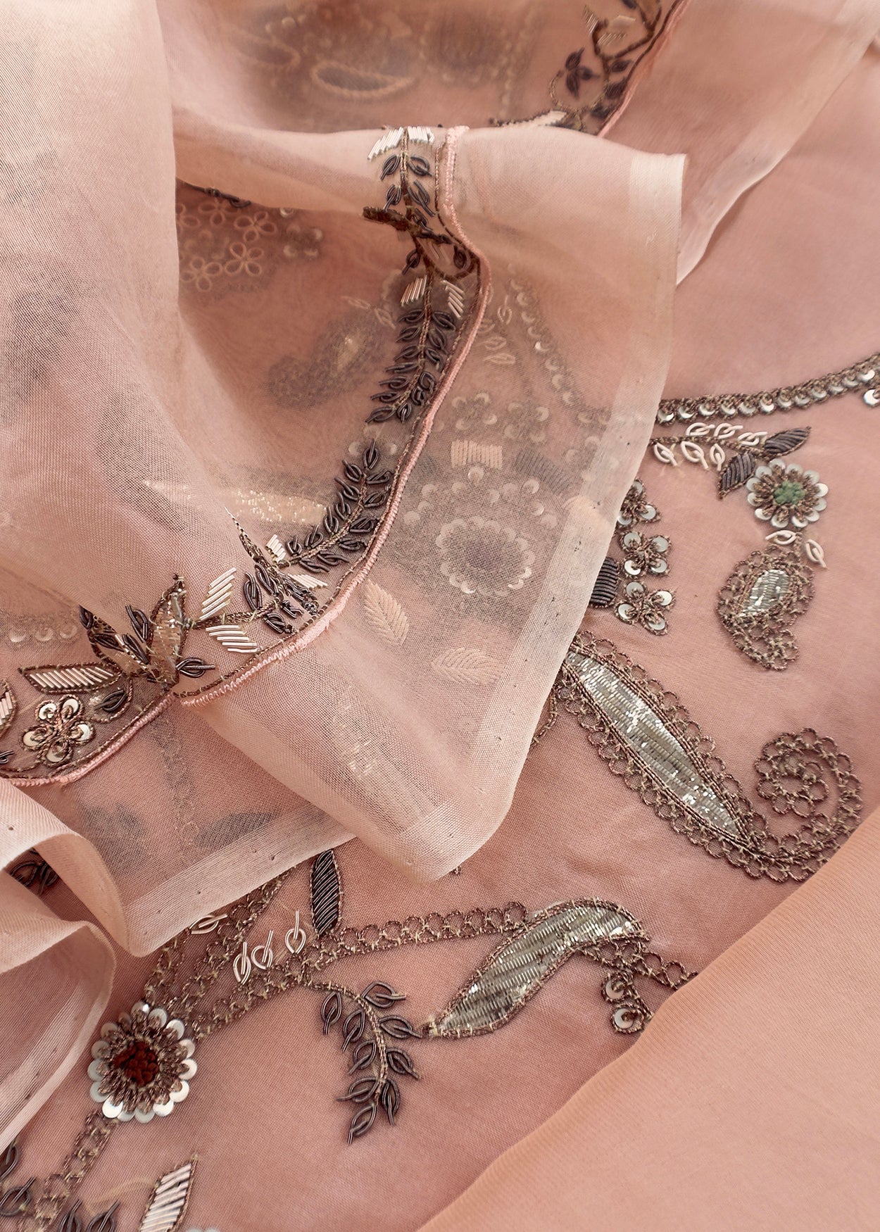 Luxe Baby Pink Handloom Kora Silk Unstitched Suit Fabric With Antique Dabka Dori Hand Embroidery