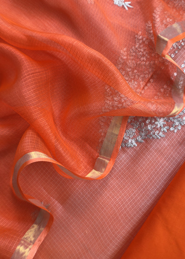 Orange Gotta Patti Embroidered Kota Doria Suit