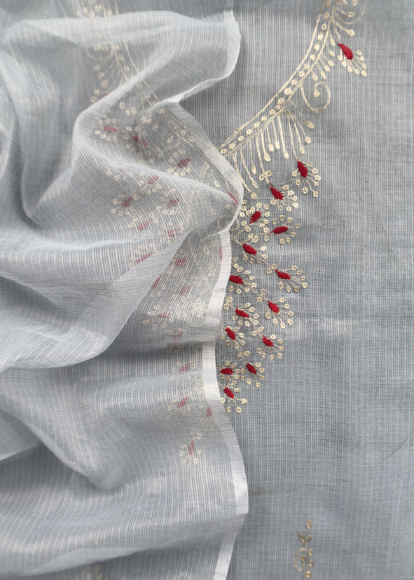 Steel Blue Kota Doria Dupatta Suit With Pitta Work