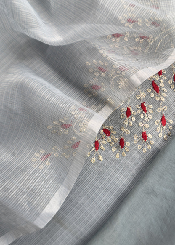 Steel Blue Kota Doria Dupatta Suit With Pitta Work