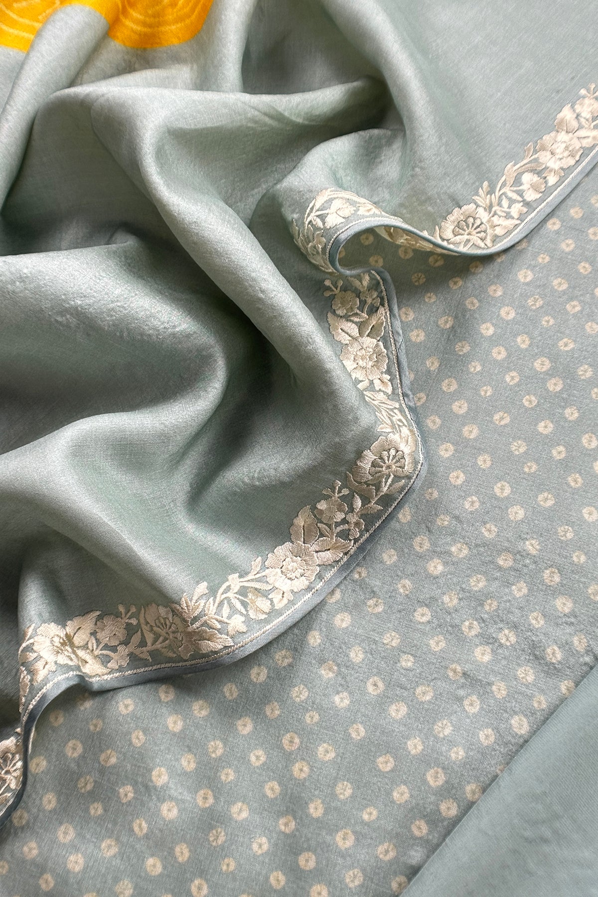 Powder Blue Pure Handwoven Silk Suit With Tussar Bandhani Dupatta