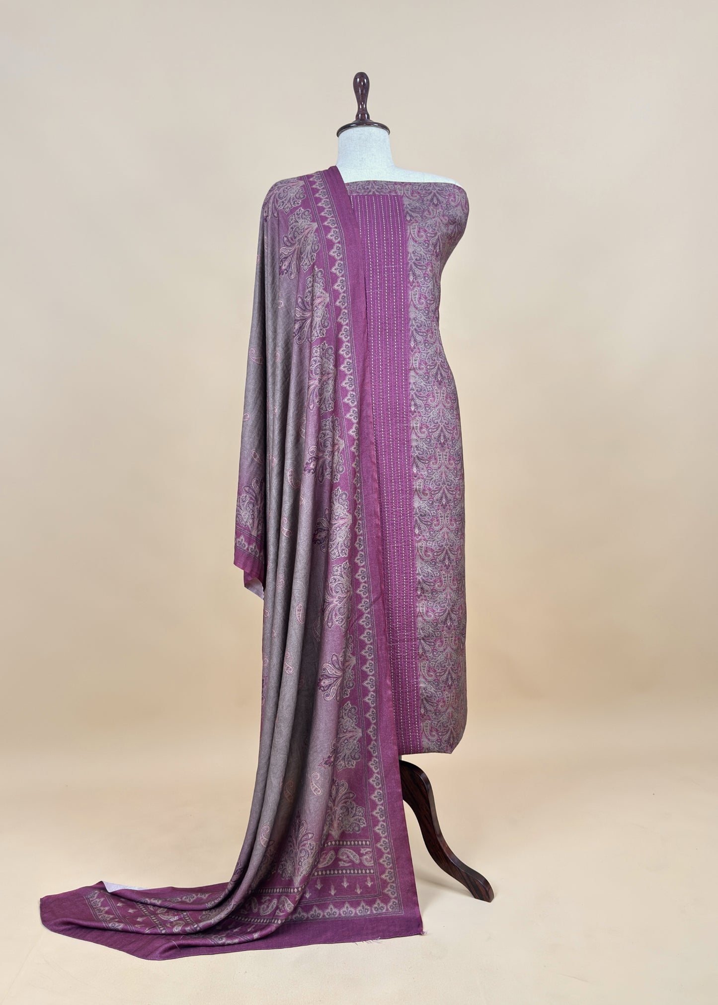 Brown Winters Spun Pashmina Digital Print Suit Fabric With Kantha Embroidery