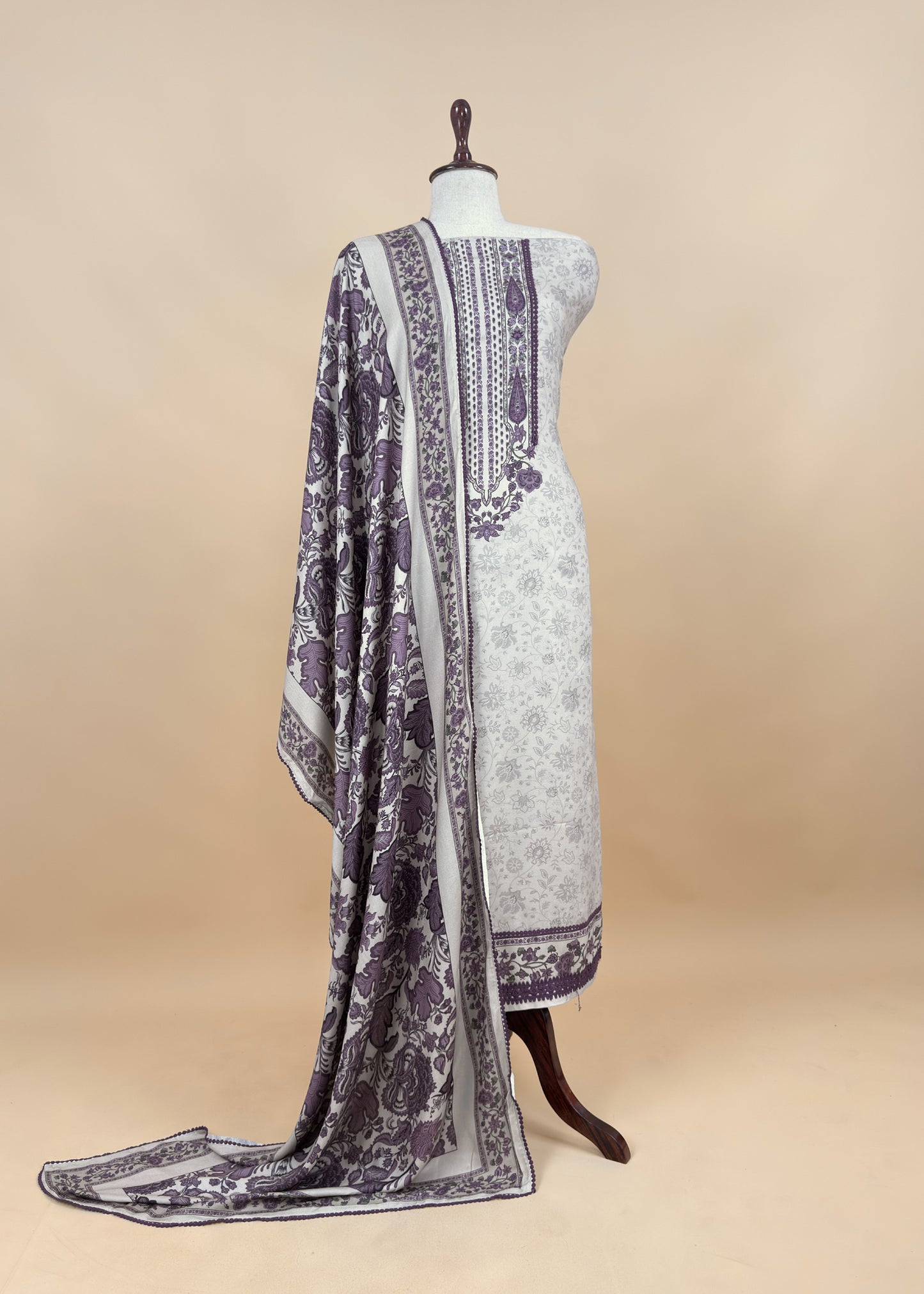 White And Grey Winters Spun Pashmina Digital Print Suit Fabric