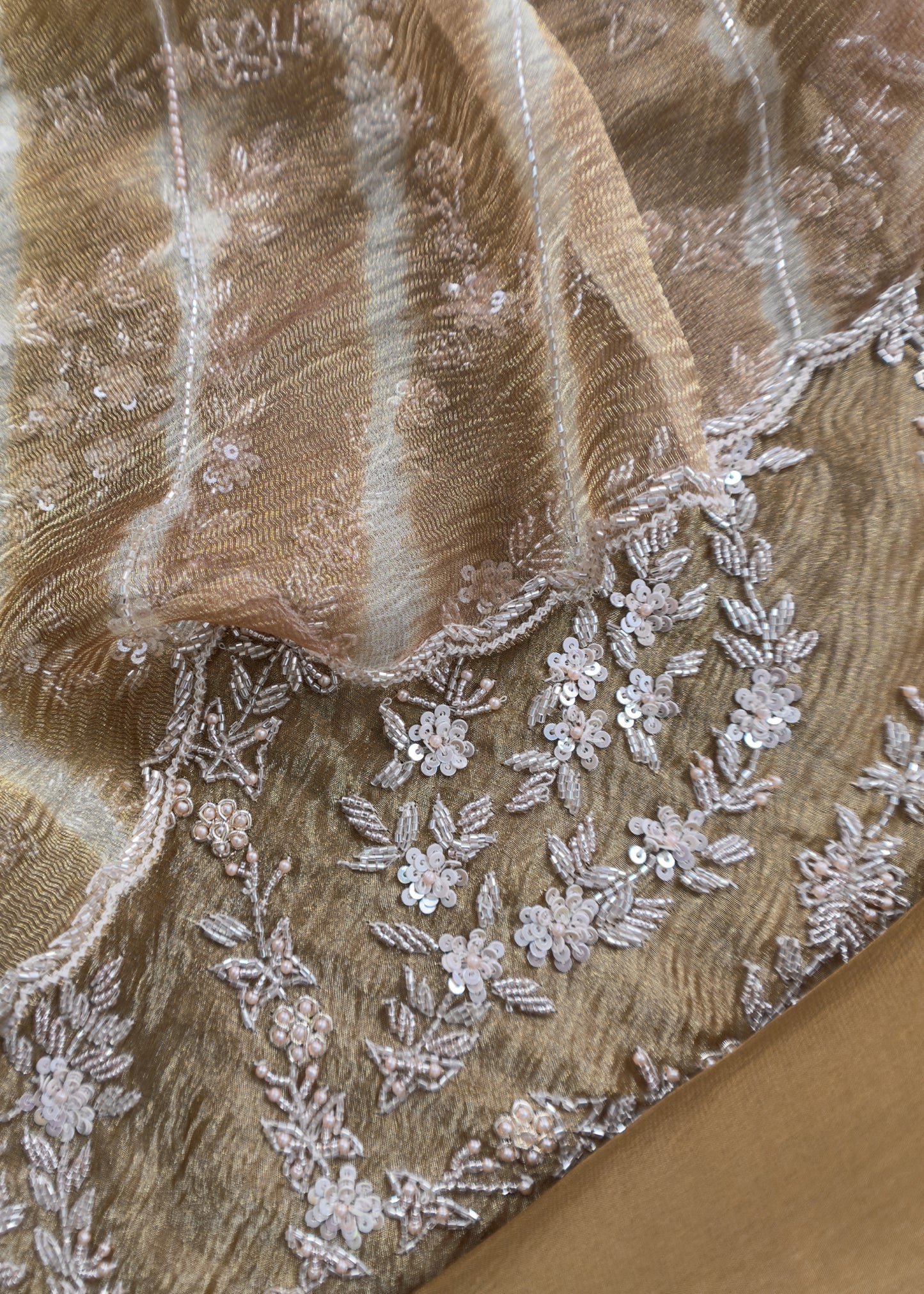 Golden Yellow Embroidered Crush Tissue Silk Suit